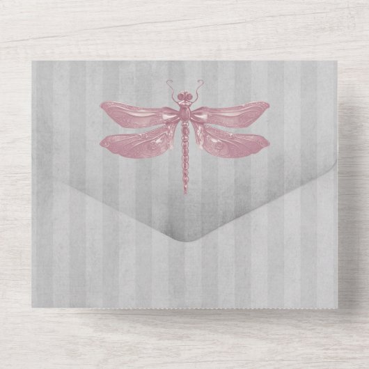 Roze Jeweled Dragonfly Bruiloft All In One Uitnodiging (Achterkant)