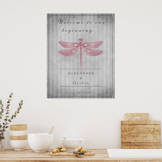 Roze Jeweled Dragonfly Bruiloft Welkom Poster (Keuken)