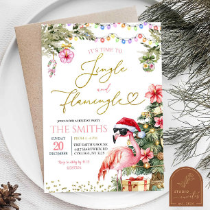 Roze jingle en flamingo tropische kerst kaart