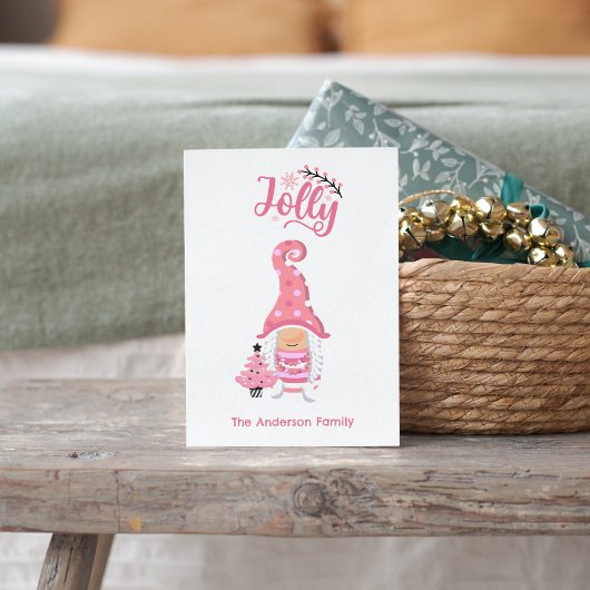 Roze Jolly Girl Gnome Holiday Kaart – Aangepaste f
