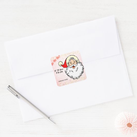 Roze Jolly Santa Glimlachend Gezicht Kerstmis Vierkante Sticker (Envelop)