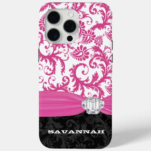 Roze Jouw naam of Quote Faux Rhinestone Damask Case-Mate iPhone Case (Achterkant)