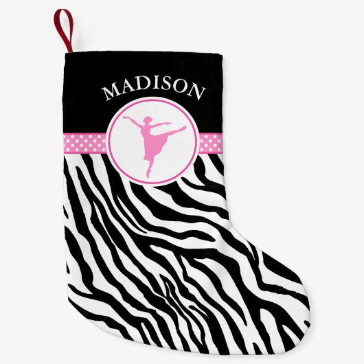 Roze Jouw naam Zebra Print Ballet Dancer Kleine Kerstsok (Voorkant)