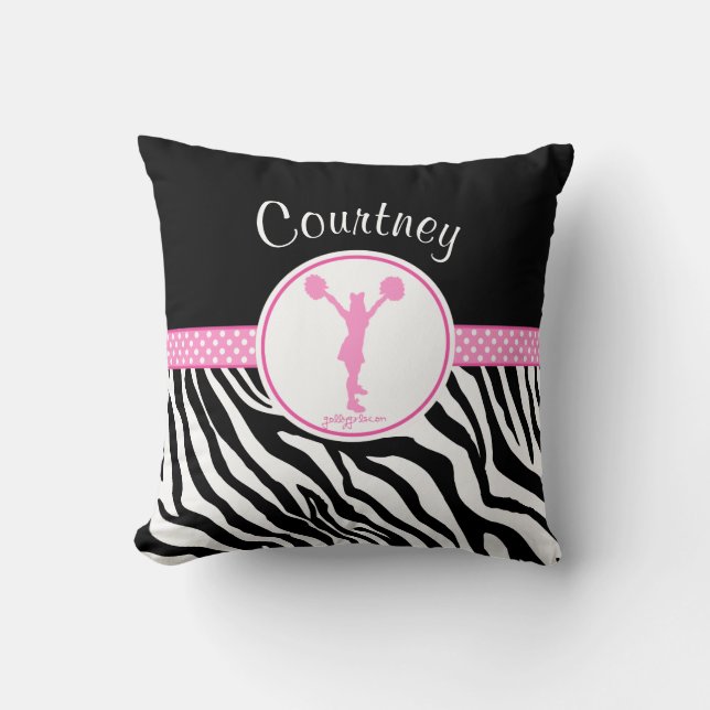 Roze Jouw naam Zebra Print Cheerleader / Pom Kussen (Voorkant)
