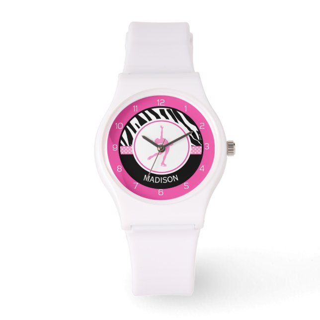 Roze Jouw naam Zebra Print kunstschaatsen Horloge (Voorkant)