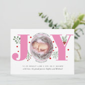 Roze Joy Eerste Kerstfeestdag Foto baby geboorte Aankondiging (Staand voorkant)