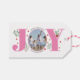 Roze Joy met kerstfoto voor bessen Cadeaulabel