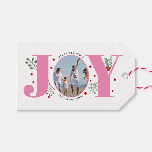 Roze Joy met kerstfoto voor bessen Cadeaulabel (Voorkant (Horizontaal))