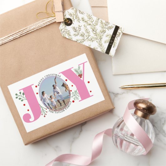 Roze Joy met kerstfoto voor bessen Rechthoekige Sticker (Geschenken)