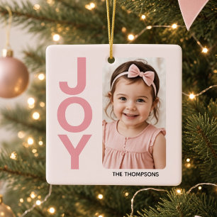 Roze JOY Persoonlijke Meisjesfoto Kerstmis Keramisch Ornament
