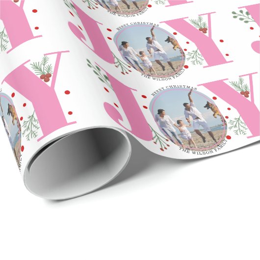 Roze JOY Vrolijke kerstvakantie foto Cadeaupapier (Rol Hoek)