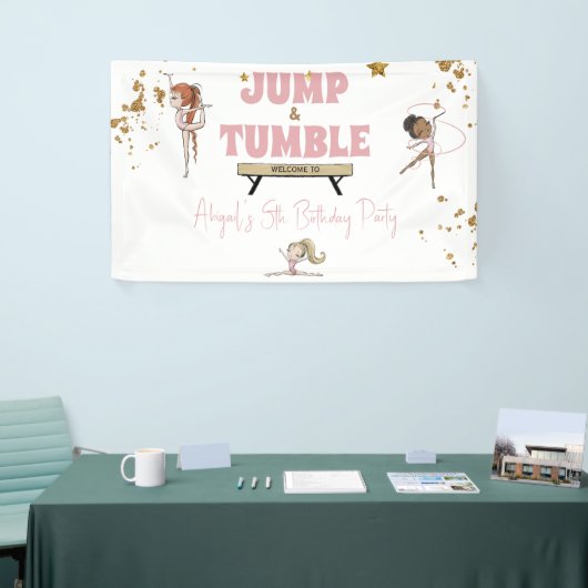 Roze Jump & Tumble Gymnastiek Verjaardagsfeest Spandoek (Beurs)