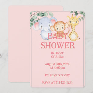 Roze jungle dieren baby shower uitnodiging