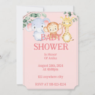 Roze jungle dieren baby shower uitnodiging