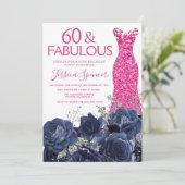 Roze Jurk 60e Verjaardagsfeestje Marine Bloemen Kaart (Staand voorkant)