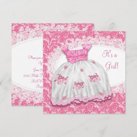  Roze Jurk Baby shower Kaart (Voorkant / Achterkant)