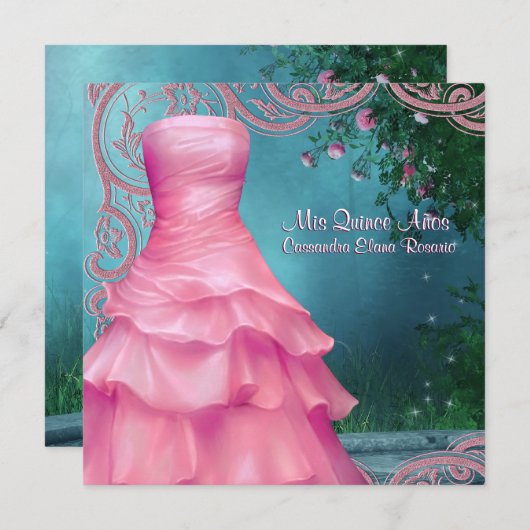 Roze Jurk Blauwgroen Blauw Rozen Quinceanera Kaart (Voorkant / Achterkant)