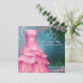Roze Jurk Blauwgroen Blauw Rozen Quinceanera Kaart (Staand voorkant)