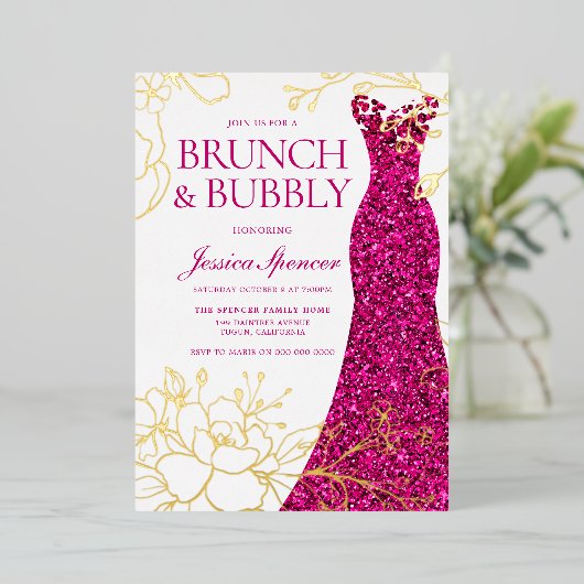 Roze Jurk Bloemen Brunch Bubble Vrijgezellenfeest  Folie Uitnodiging (Staand Voorkant)