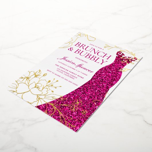 Roze Jurk Bloemen Brunch Bubble Vrijgezellenfeest  Folie Uitnodiging (Gedraaid)