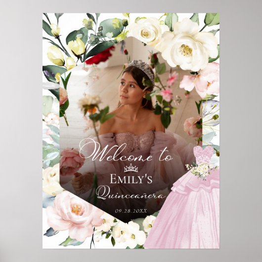 Roze Jurk Bloemen Foto Quinceañe Welkom Teken Poster (Voorkant)