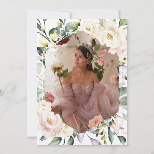 Roze Jurk Bloemen Foto Quinceañera Spaans Kaart (Achterkant)