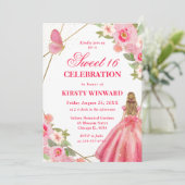 Roze jurk blond vrouw bloemen zoet 16 kaart (Staand voorkant)