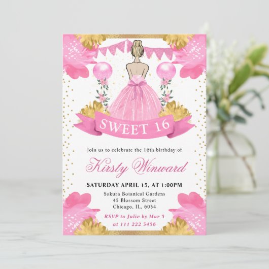 Roze Jurk Blonde Prinses Sweet 16 Kaart (Staand voorkant)