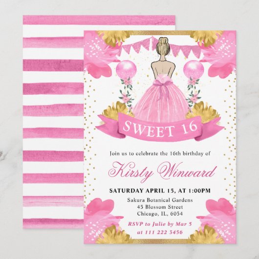 Roze Jurk Blonde Prinses Sweet 16 Kaart (Voorkant / Achterkant)