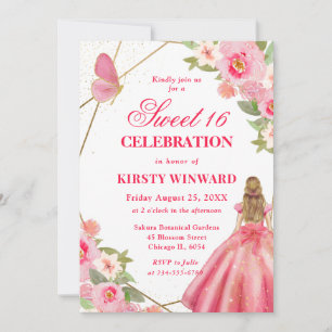 Roze jurk blondine bloemen Sweet 16 Kaart