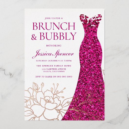 Roze Jurk Brunch & Bubbly Vrijgezellenfeest Roos G Folie Uitnodiging (Voorkant)