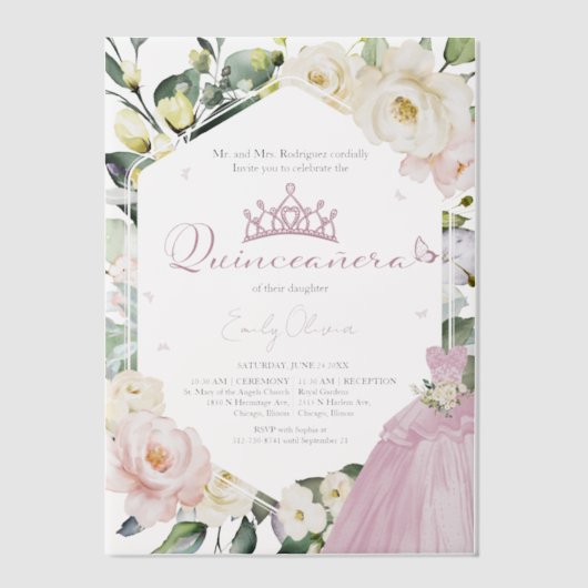 Roze Jurk Butterfly Boho Floral Lijst Quinceañera Vellum Uitnodigingen (Voorkant)