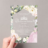 Roze Jurk Butterfly Floral Lijst Quinceañera Acryl Uitnodigingen (Insitu (Draagbaar))