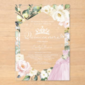 Roze Jurk Butterfly Floral Lijst Quinceañera Acryl Uitnodigingen (Voorkant)