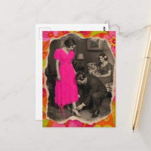 Roze jurk dame collage AI verbeterd Briefkaart