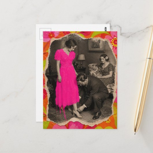 Roze jurk dame collage AI verbeterd Briefkaart (Voorkant / Achterkant in situ)