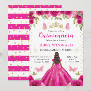 Roze jurk donkere huid prinses Quinceanera Kaart