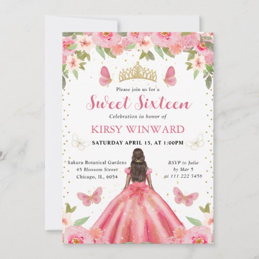 Roze Jurk Donkere Huid Prinses Sweet 16 Kaart (Voorkant)