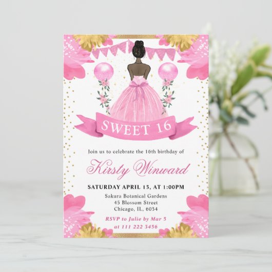 Roze Jurk Donkere Huid Prinses Sweet 16 Kaart (Staand voorkant)