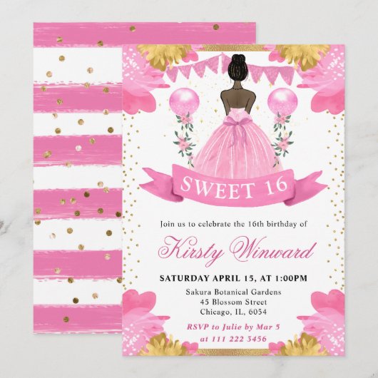 Roze Jurk Donkere Huid Prinses Sweet 16 Kaart (Voorkant / Achterkant)