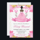 Roze Jurk Donkere Huid Prinses Sweet 16 Kaart<br><div class="desc">Elegante waterverf dark skin princess in Pink dress design met roze en gouden bloemen,  ballonnen en gouden glitter confetti.</div>