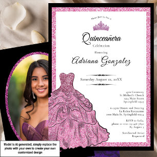 Roze jurk en tiara aangepaste foto Quinceanera Kaart