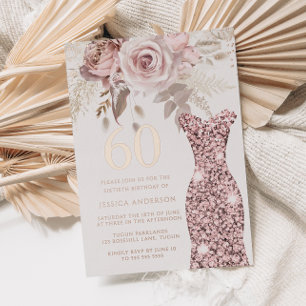 Roze jurk Fabulous 60e verjaardagsfeest Roze Goud Folie Uitnodiging