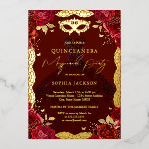 Roze jurk masqueradefeest Rood Goud Quinceanera Folie Uitnodiging
