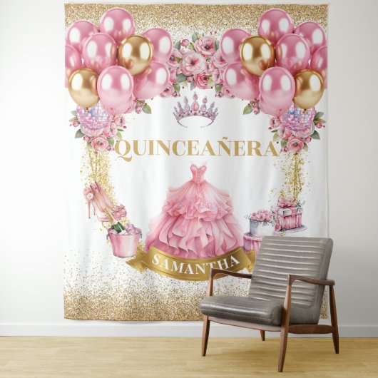 Roze Jurk Quinceañera Achtergrond Glitter Ballonne Wandkleed (In situ)