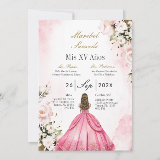 Roze jurk quinceañera kaart (Voorkant)