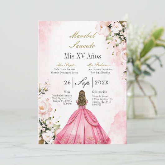 Roze jurk quinceañera kaart (Staand voorkant)