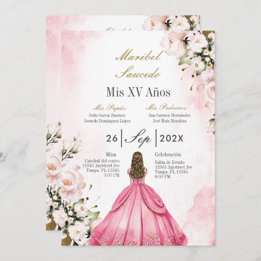Roze jurk quinceañera kaart (Voorkant / Achterkant)