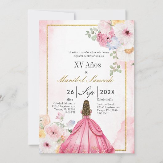 Roze jurk quinceañera kaart (Voorkant)