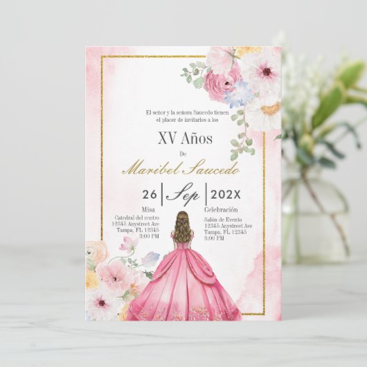 Roze jurk quinceañera kaart (Staand voorkant)